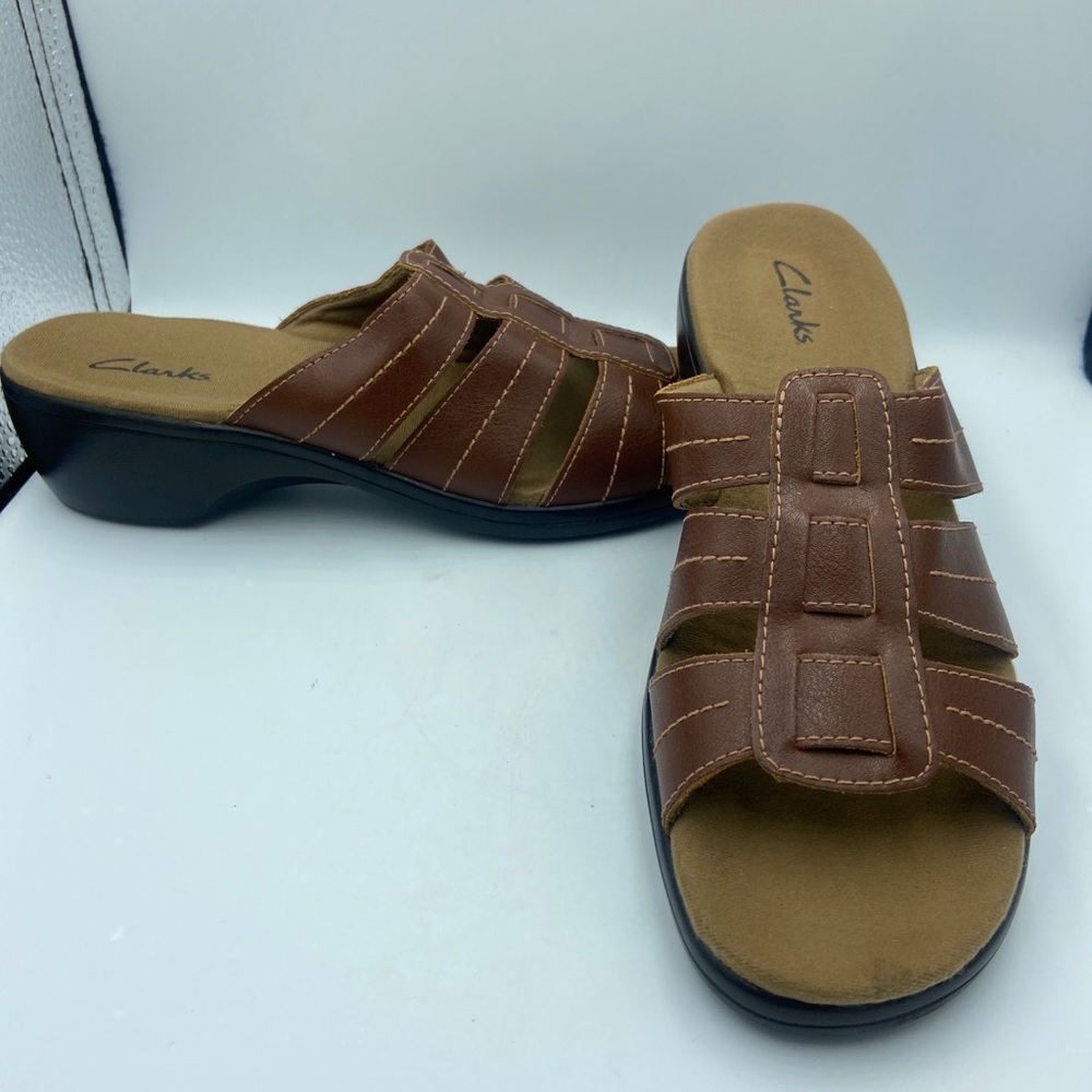 Clarks Brown Leather Strappy Slide Sandal Womens 7M Open Toe Comfort